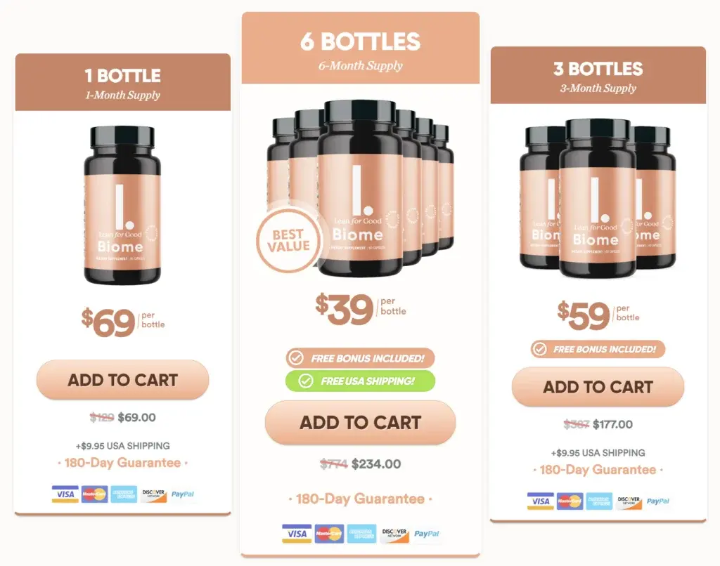 LeanBiome packages: 1 bottle at $69 per bottle, 3 bottles at $59 per bottle, or 6 bottles at $39 per bottle. View current pricing and purchase.